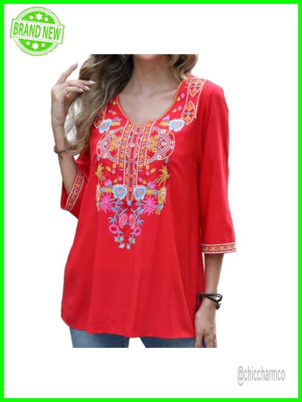 Womens Embroidered Bohemian Peasant Tunic Top 3/4 Sleeve V Neck